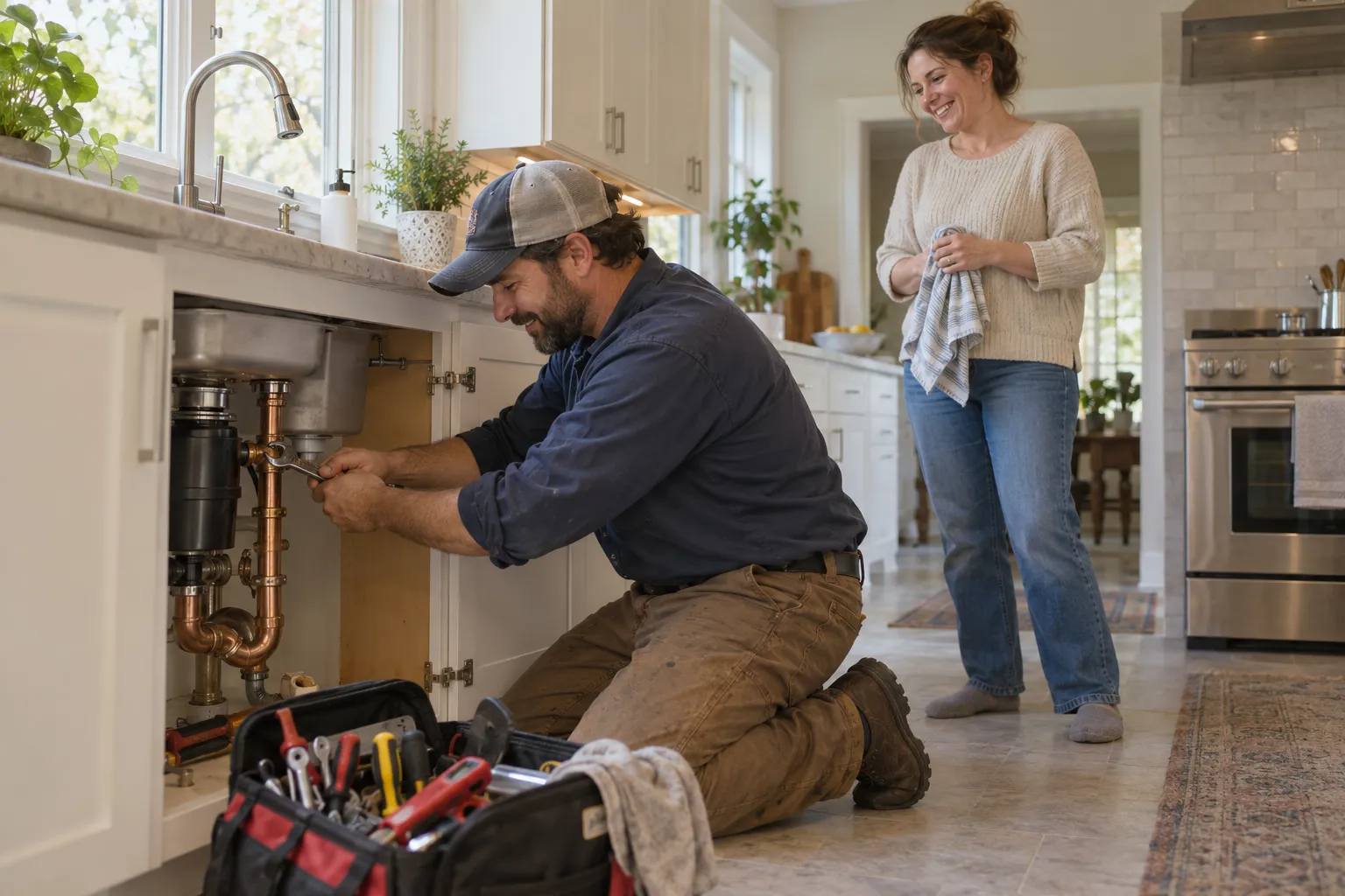 Local plumber checking a pipe under a kitchen sink in a Orlando home