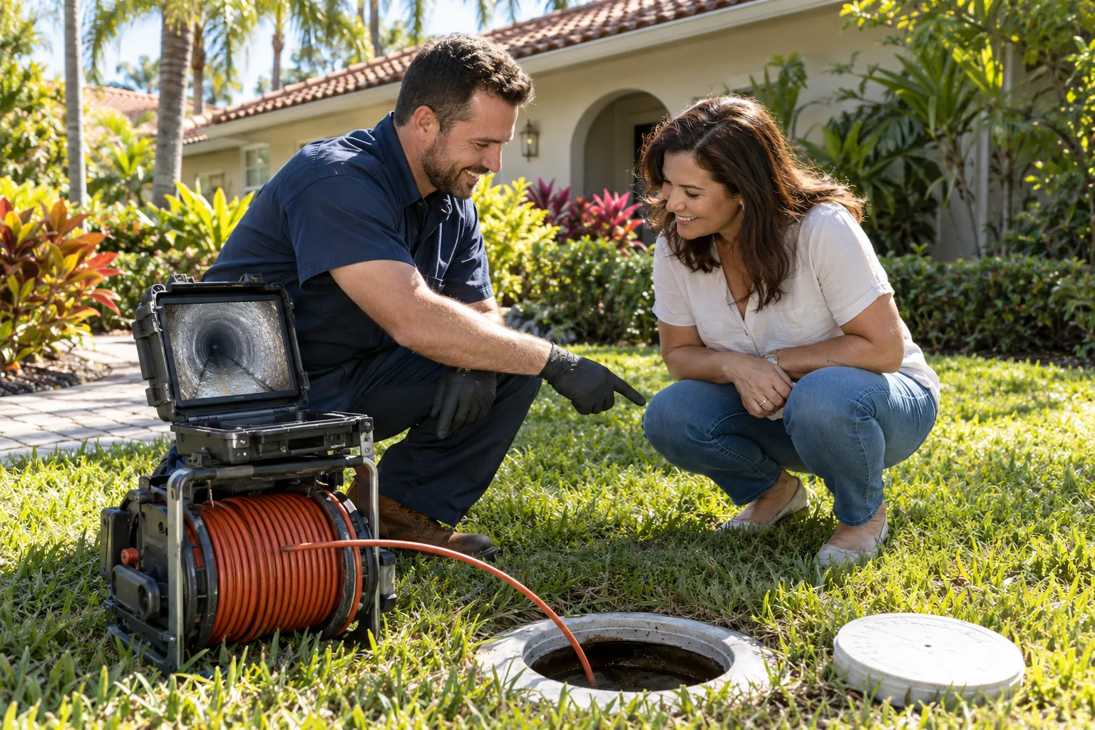 Friendly local plumbing provider reviewing sewer camera footage with a homeowner in Orlando